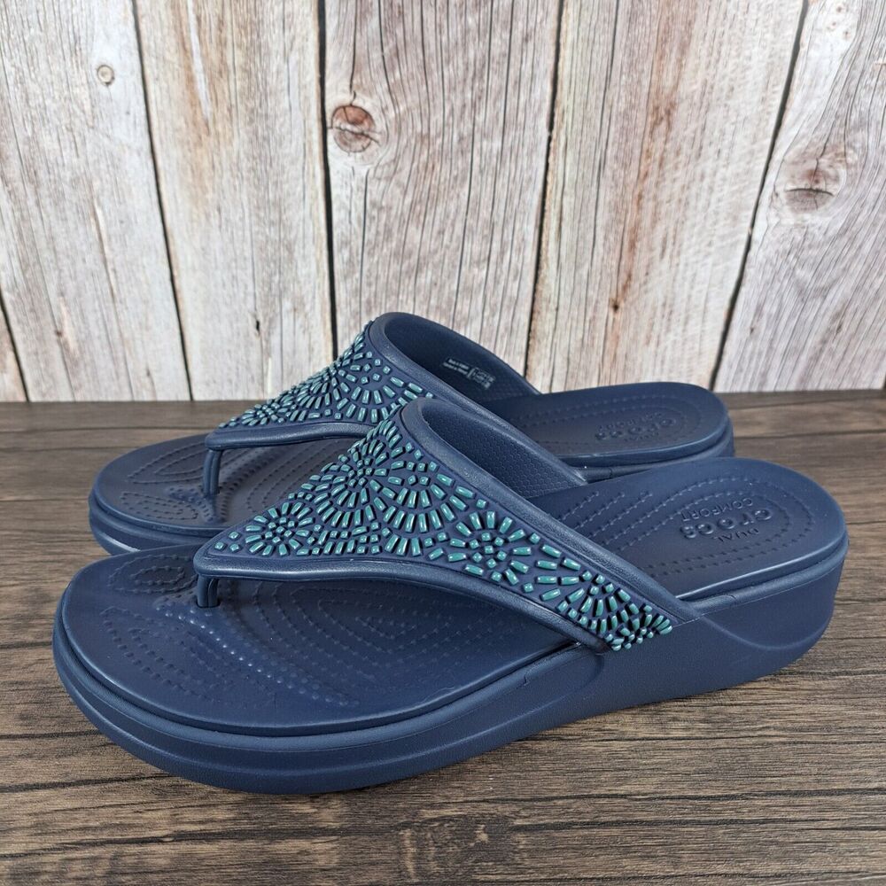 Crocs Monterey Diamante Wedge Sandals Women's Sz 9 Navy (VGC)